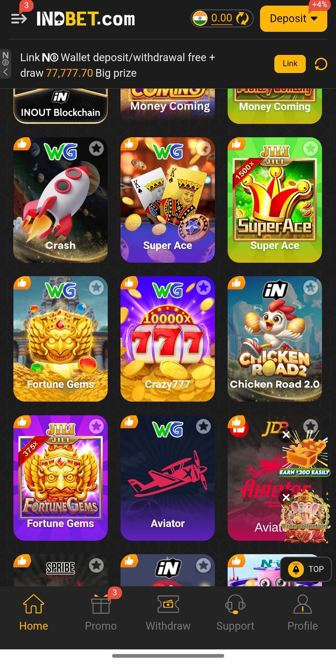K1 app home screen with slots, live games and bonuses
